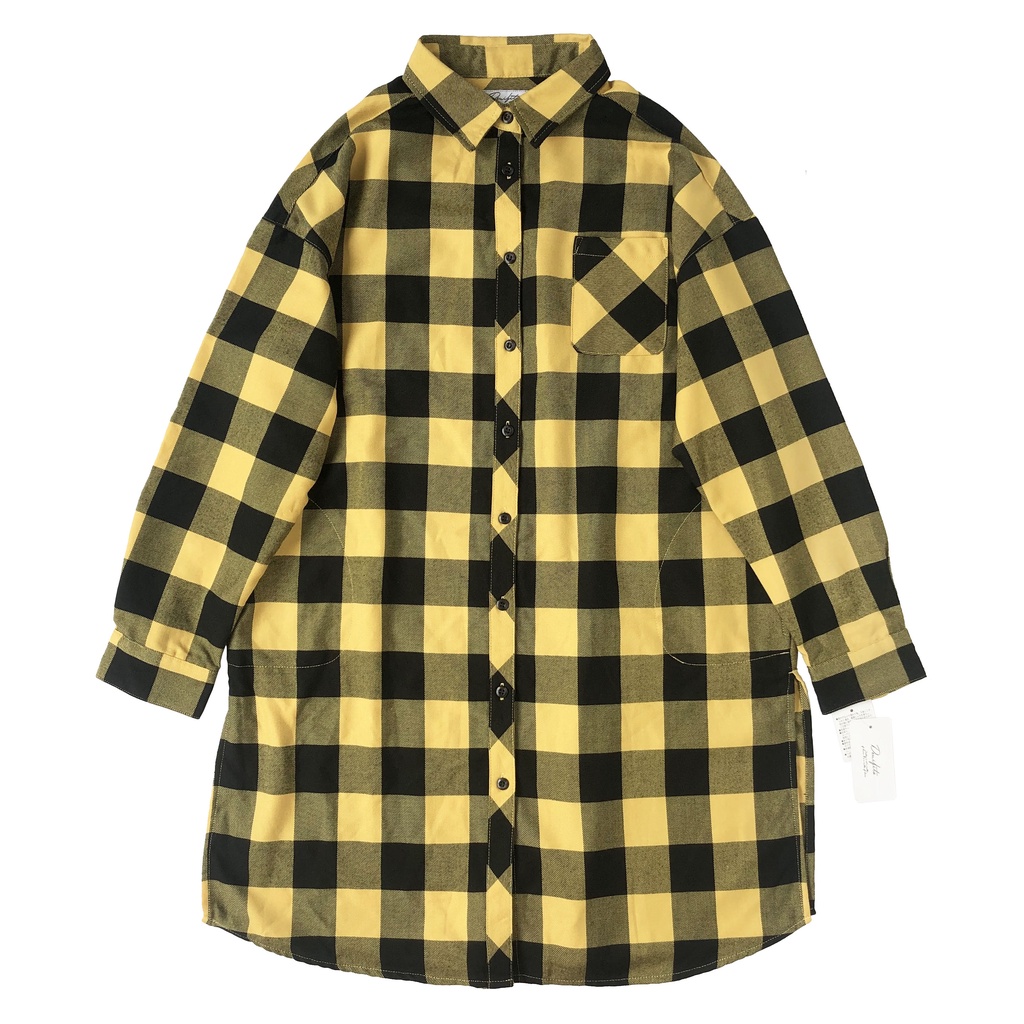 KEMEJA TUNIK KATUN KOTAK CHECKERED KUNING HITAM KOREA IMPORT