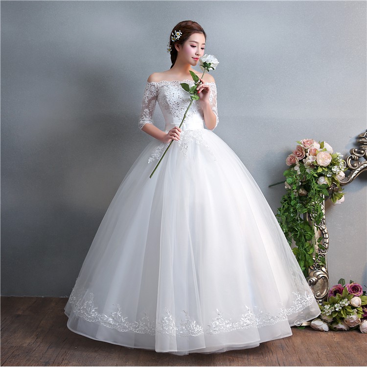 White Off Shoulder Lace Beaded Maxi Women Bridal Wedding Dress Ball Gown