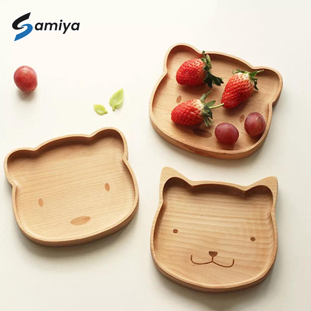 wooden tableware cute bear and rabbit / piring kayu saji buah cemilan snack dessert / wood plate