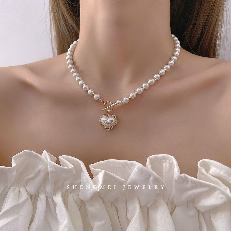 Kalung Choker Rantai Emas Hias Liontin Hati Kristal Mutiara Untuk Wanita