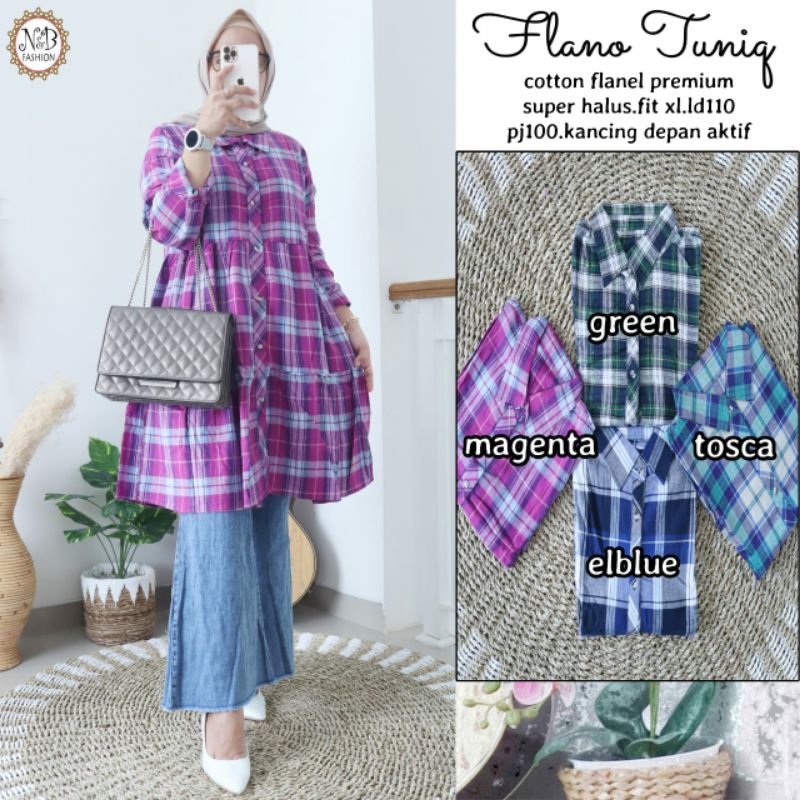 FLANO TUNIK, TUNIK MOTIF KOTAK ORIGINAL N&B, BAHAN COTTON FLANEL, KANCING AKTIF