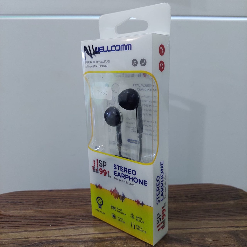 Handsfree Type-C WELLCOMM stereo Earphone dengan mikrofone