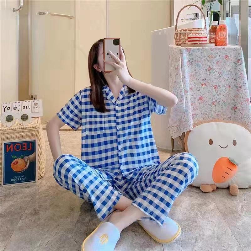 JC Piyama Set CP import / Piyama wanita CP / Piyama wanita Import murah-Square Blue CP