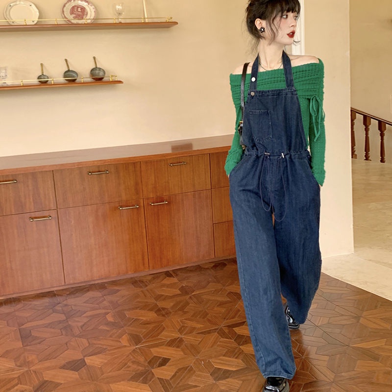 Desain rasa ceruk pinggang tinggi denim overall wanita musim semi dan musim gugur retro longgar dan