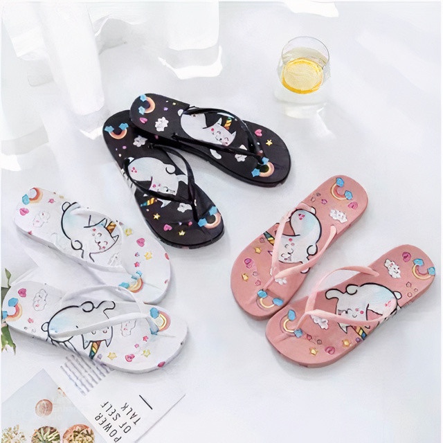 ( BISA COD ) SANDAL JEPIT SPON SENDAL SEPIT MOTIF PELANGI KUCING UNICORN BISA GROSIR