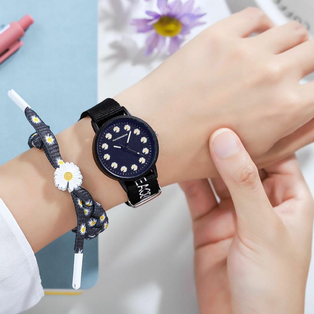 Jam Tangan Wanita Bunga Quartz Analog Motif Bunga Daisy Bahan Nilon Kanvas Women Watch Couple Pria JT002-HITAM BUNGA KELILING