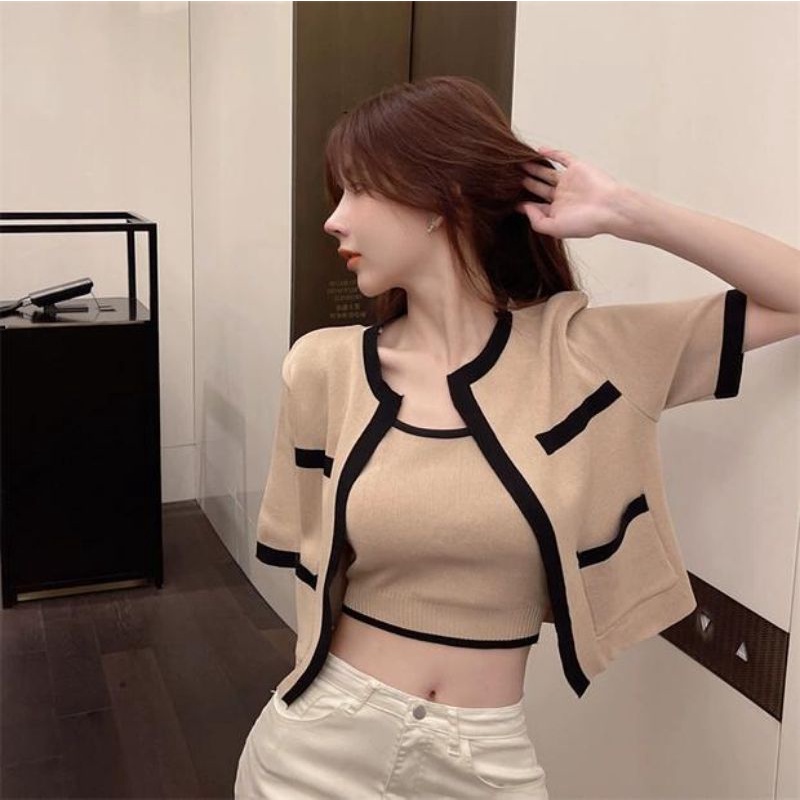 MDLV ~ 20212 Pdk Santaniah knitted 1 Set 2pcs Tantop Cardigan Rajut Korea Look Premium Fashion Import