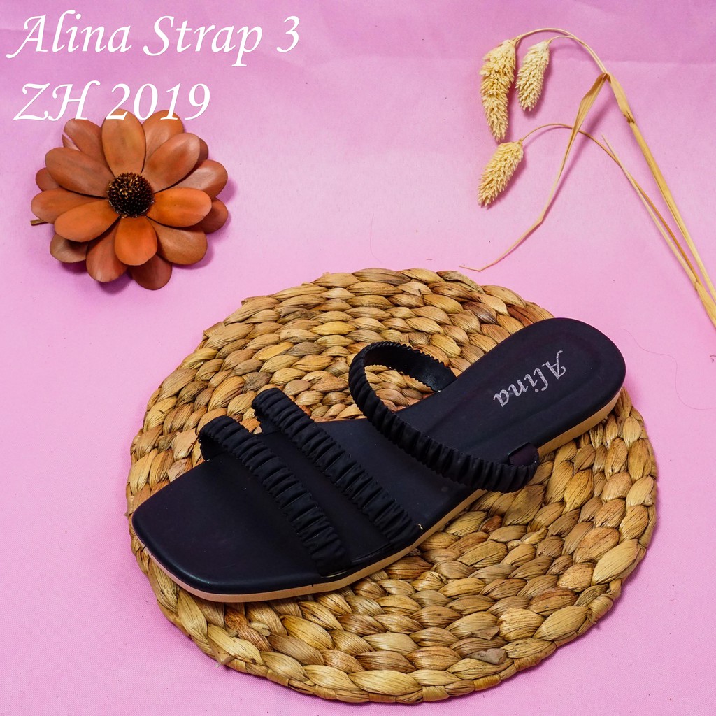 6.6 MEGA!! Sandal Slop Motif Kerut Wanita Jess 3tali kerut 2019-A15-HITAM