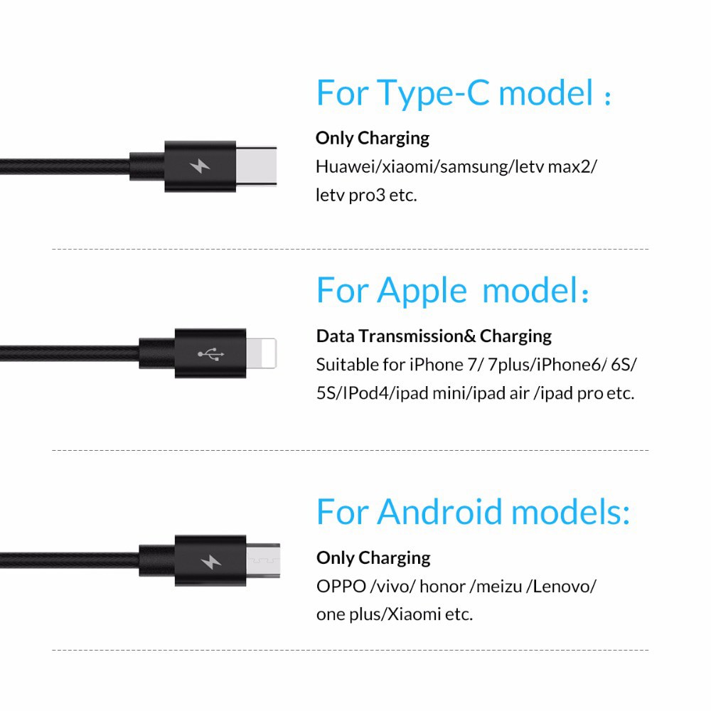 Kabel Data 3 in 1 USB tipe C Micro USB Lightning USB Kabel