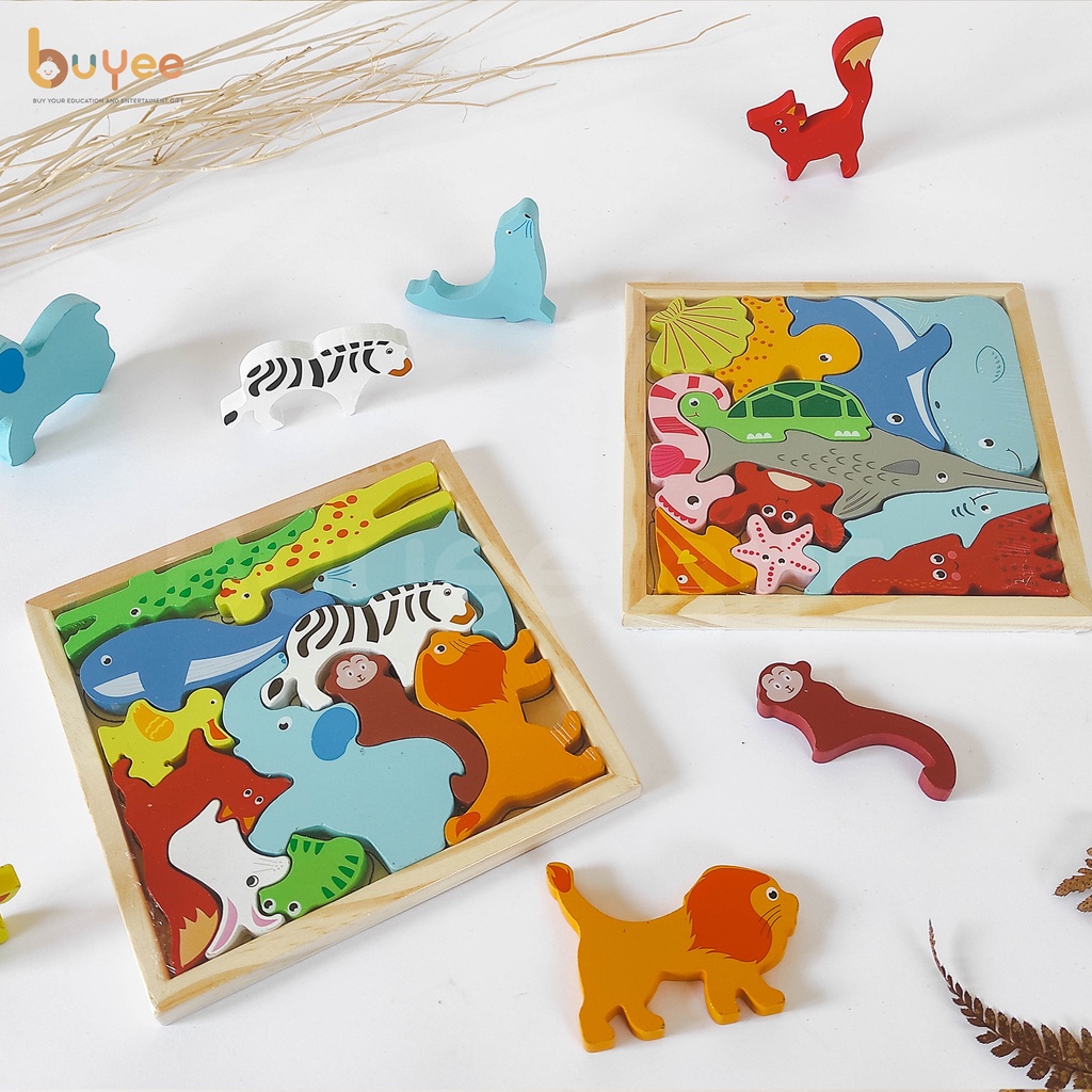 Mainan Edukasi Puzzle Hewan 3D |  Wooden Animal Balance Chunky Puzzle