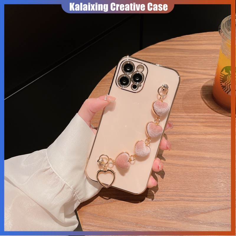 Soft Case Bahan Suede Dengan Gelang Rantai Hati Untuk iPhone 13 Pro Max 12 mini 11 XR XS X 7 8 Plus SE 14 Pro Max