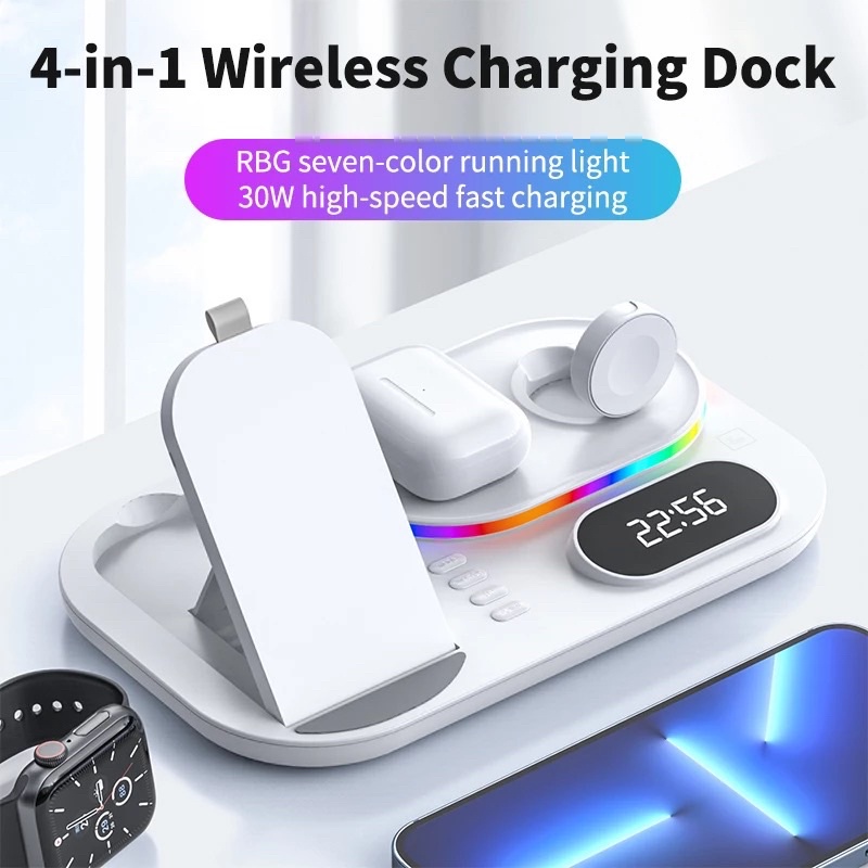 ELAVO Dock charging RGB Lampu Led wireless charger hp iphone 11 12 13 Pro max samsung note s20 apple watch series 1 2 3 4 5 6 SE airpods earbuds galaxy standing Foldable travel jam meja