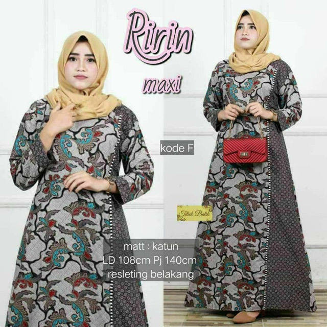 Jual gamis batik termurah online promo grosir seragam jumbo ririn maxi daun abu