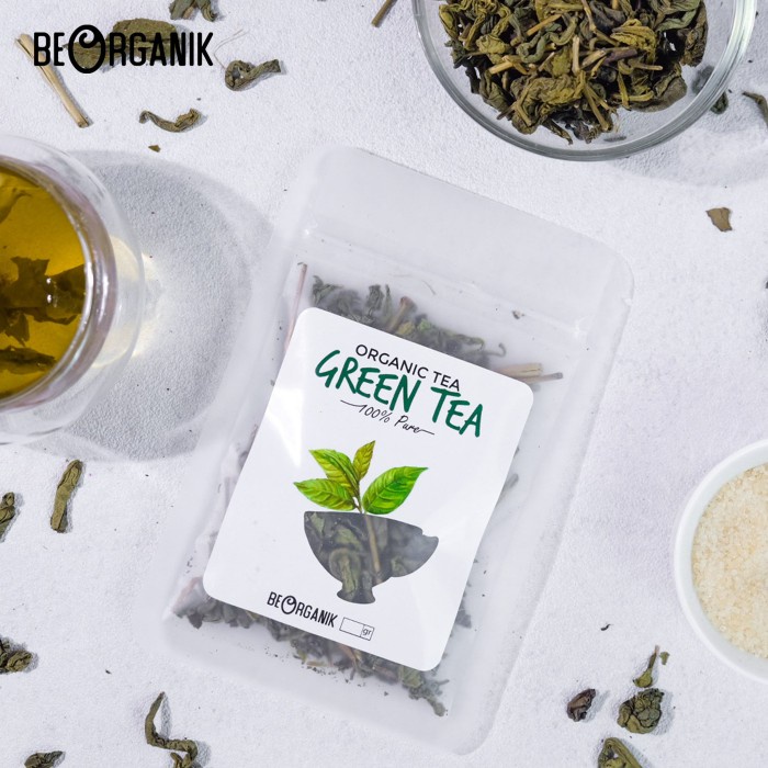 

kemasan-teh- teh hijau / green tea beorganik 10gr - toples 50gr -teh-kemasan.