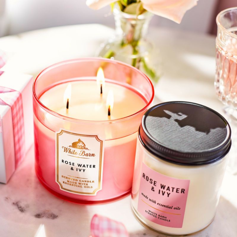 BATH &amp; BODY WORKS BBW ROSE WATER &amp; IVY 3-WICK SCENTED CANDLE 411 G LILIN WANGI 3 SUMBU UKURAN BESAR PENGHARUM RUANGAN ROSEWATER