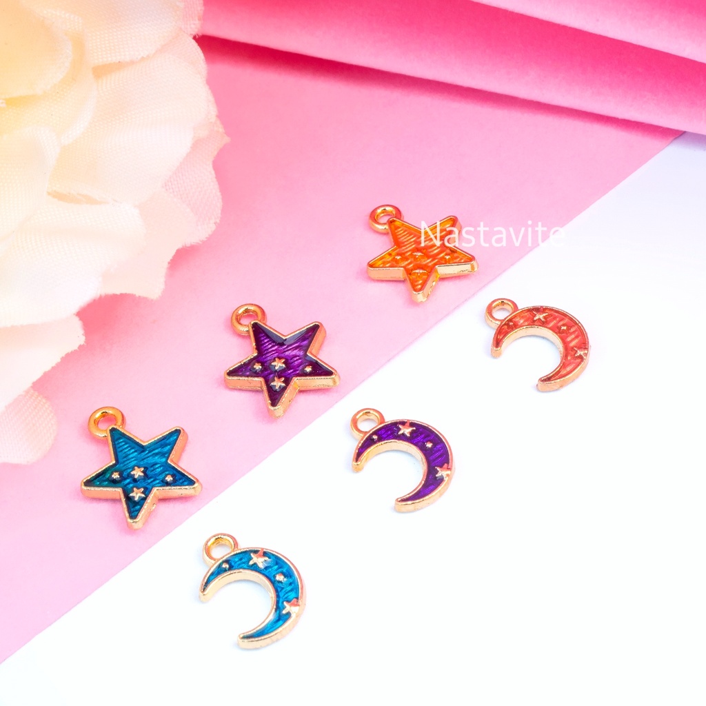 4pcs Enamel Bintang Bulan Charms Bracelet Pendant Charms Untuk Membuat Perhiasan Kalung Gelang