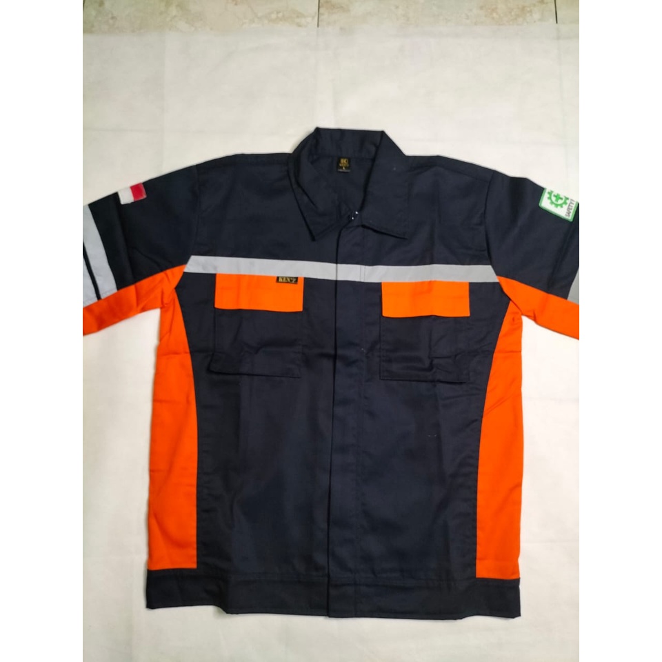 Kemeja Safety | Baju Proyek Lengan Pendek | Pakaian Dinas Lapangan Navy Orens