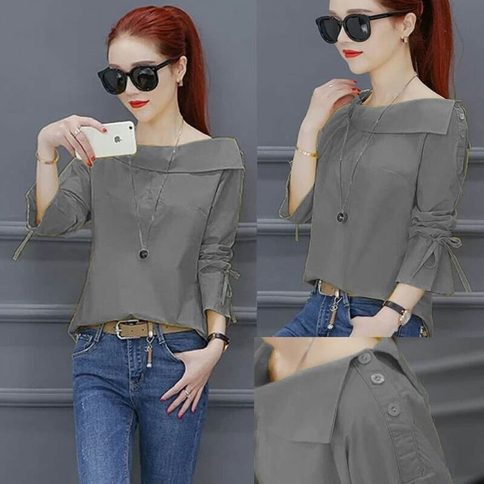 Blouse Korea Import Blus Cewek Fashion Remaja Kekinian Baju Atasa IN606 Felancy Abu [Atasan Wanita