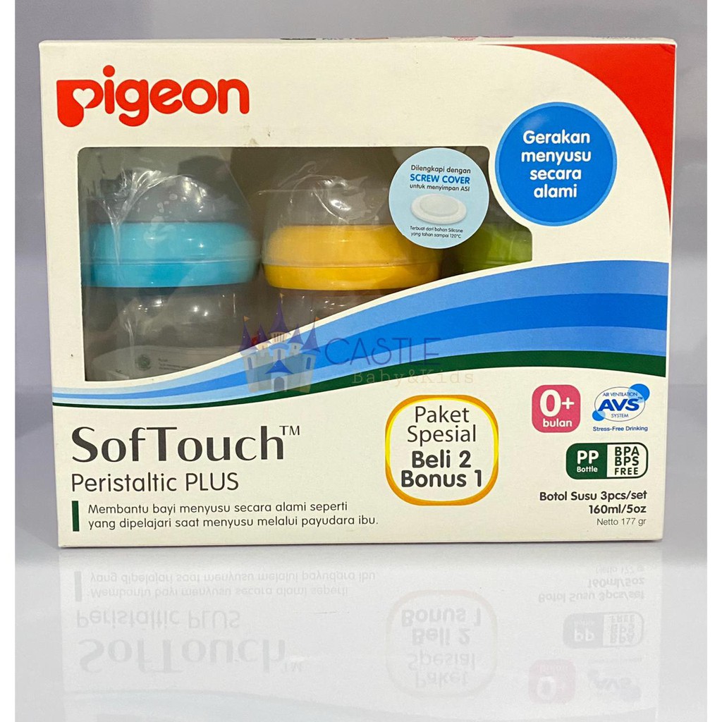 ORIGINAL !!! Pigeon SofTouch Peristaltic Plus PP Wide Neck Bottle Set 3 Pcs 0+ Bulan 160ml 240ml