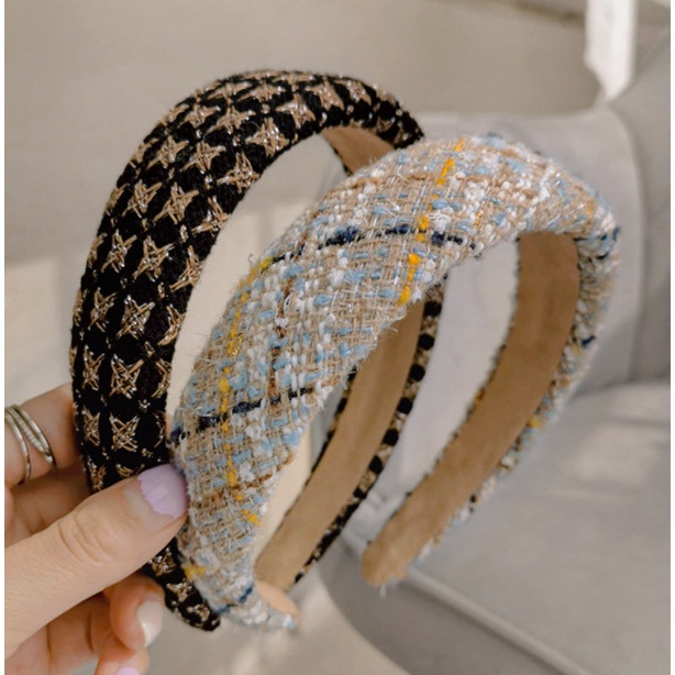 Bando Poni Korea Polos Wanita Motif Tweed Hitam Putih Gold Lory