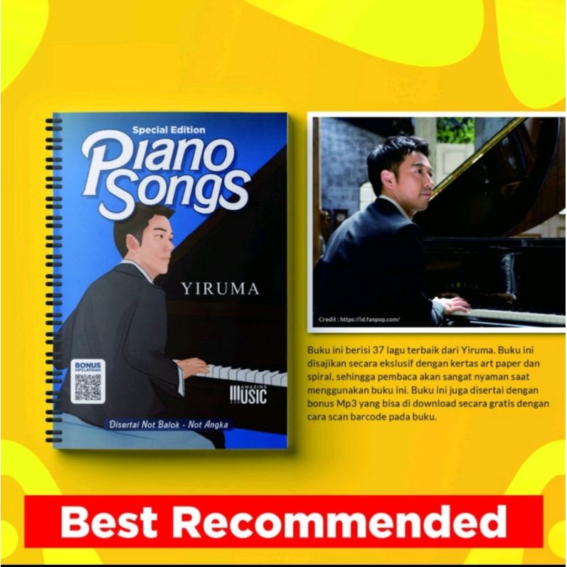 Buku Piano Songs YIRUMA special edition not balok disertai nota angka Lagu populer Yiruma