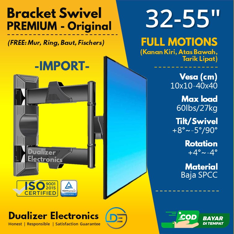 Bracket TV Swivel 55&quot; 50&quot; 43&quot; 42&quot; 40&quot; 32&quot; 24&quot; Inch | North Bayou NB P4 NBP4 Full Motion 6 Arah Gerakan