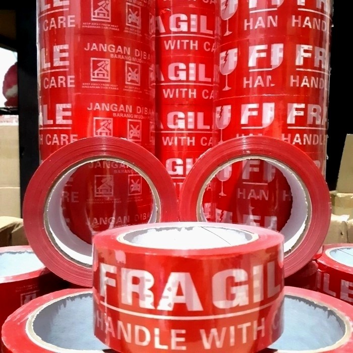 

perekat-pengikat- lakban fragile merah 2" (48mm × 100 yard full)tebal harga promo!!! -pengikat-