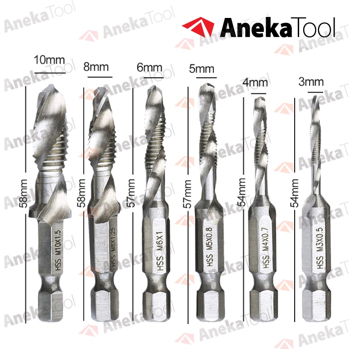 Mata Bor Pembuat Ulir Drat 6Pcs Drill Tap set M3-M10 Hex Twist Dril