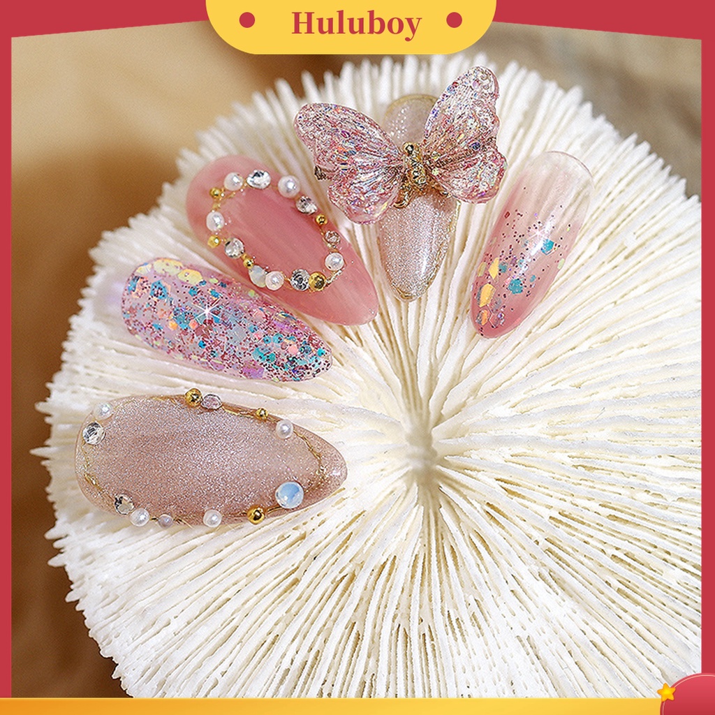 Huluboy Huluboy♡ 5pcs / Kantong Sequin Glitter Kupu-Kupu 3D Bahan Resin Untuk Nail Art