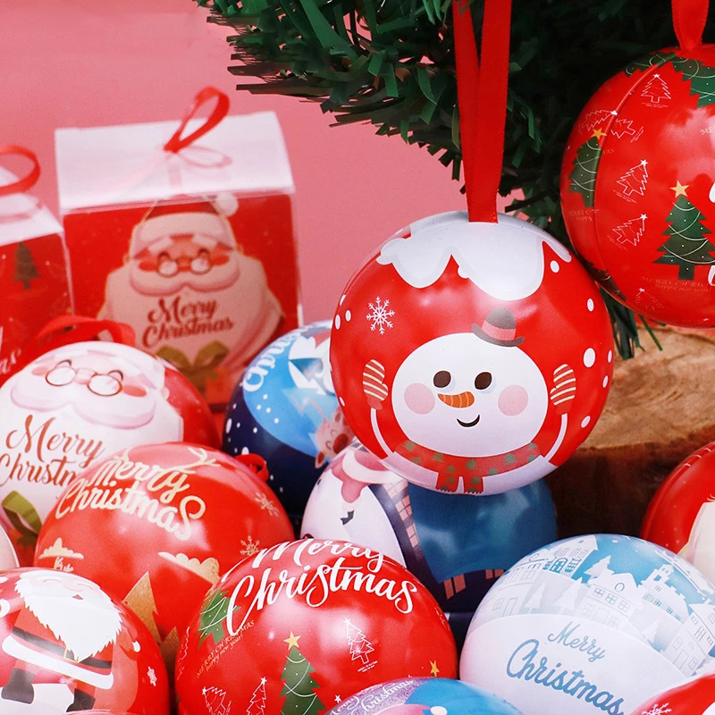 1Pc Christmas Tree Metal Candy Round Ball Pendant/Christmas Gift Iron Storage Jar Box/Xmas New Year Kids Gift Packaging