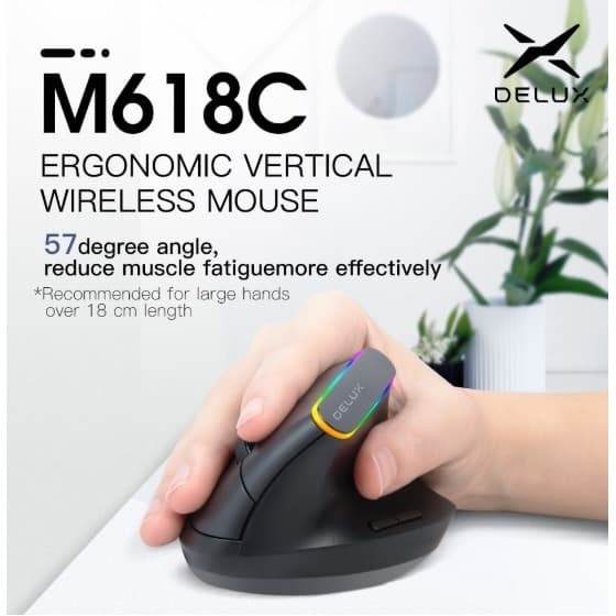 Mouse Wireless Vertical Delux M618C RGB Ergonomics 2.4Ghz 1600DPI