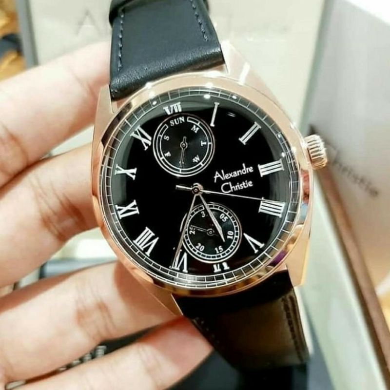 Alexandre Christie Original AC6578 Jam Tangan Pria Tali Kulit hitam rose gold