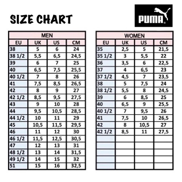 puma classic suede size chart