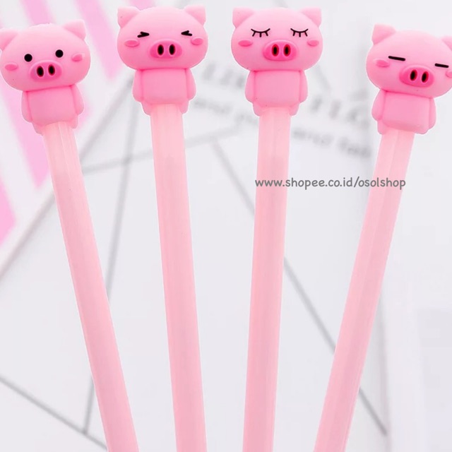 1 LUSIN Pulpen binatang babi pink / piggy pig gel pen / bolpen lucu unik murah souvenir