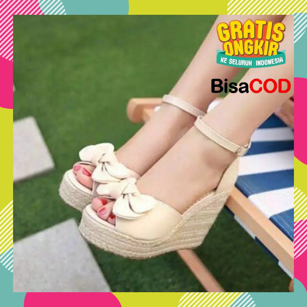 Sepatu Wanita Wedges krem Pesta Perempuan Cewek Dewasa Remaja Tali Kekinian Murah Terbaru 2021