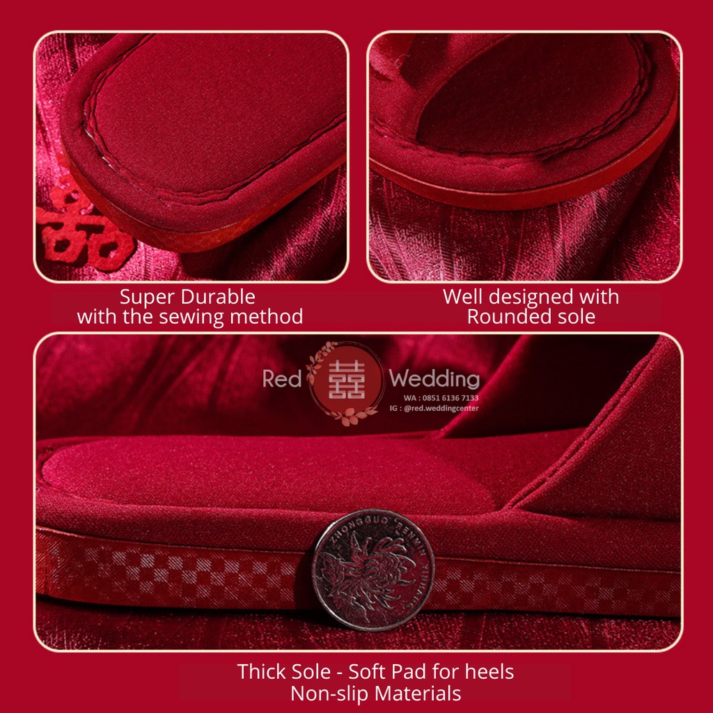 Sandal Maroon Pengatin Groom/Bride Sepatu Wedding Bahan Kain Pita dengan Shuang Xi Sanghi Emas