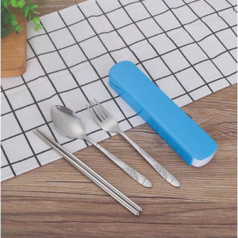 Sendok Garpu Sumpit Makan Set Stainless Kotak Box Plastik Travel Spoon