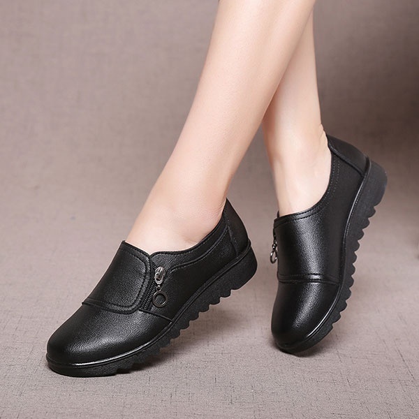 Fashion Wanita Baru Kasual Kulit Flat Zipper Loafers Sepatu Perahu - Sepatu Wanita Internasional