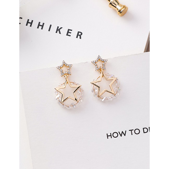 LRC Anting Tusuk Fashion Star Rhinestone Ring Star Crystal Circle 925 Silver Pin Stud Earring F48308