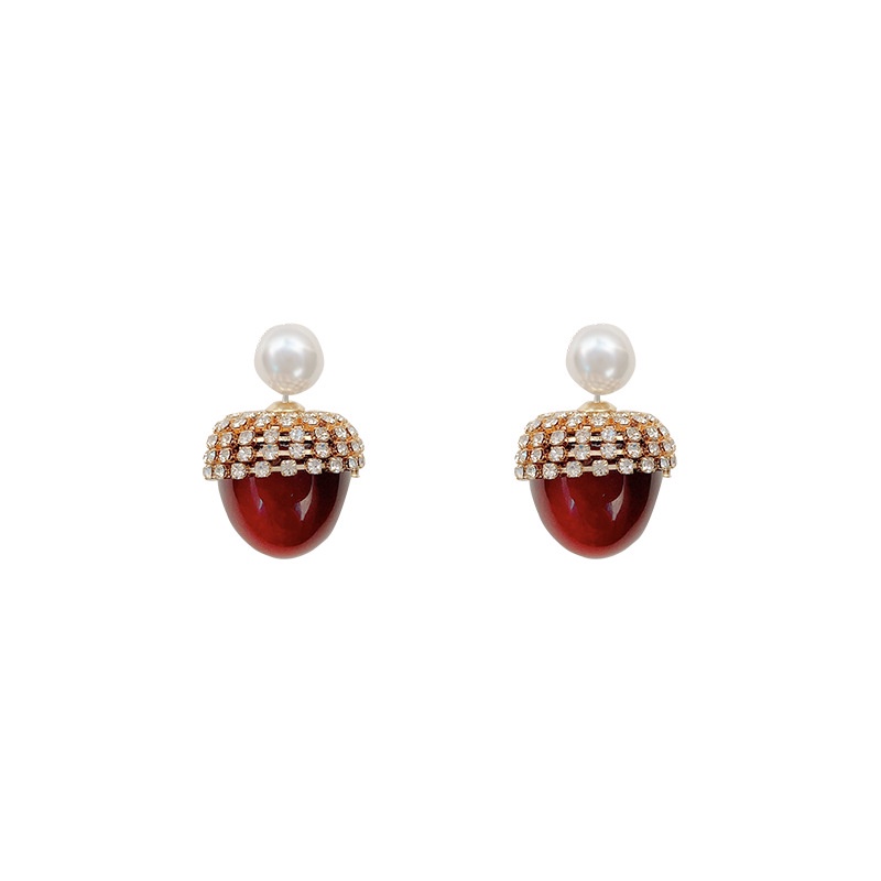 Anting Stud Desain Ceri Merah Aksen Berlian Imitasi Bahan 925 Silver Needle