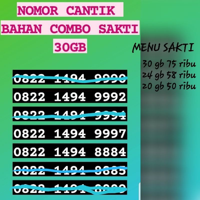 NOMOR CANTIK BAHAN COMBO SAKTI 30 GB TELKOMSWL LOOP