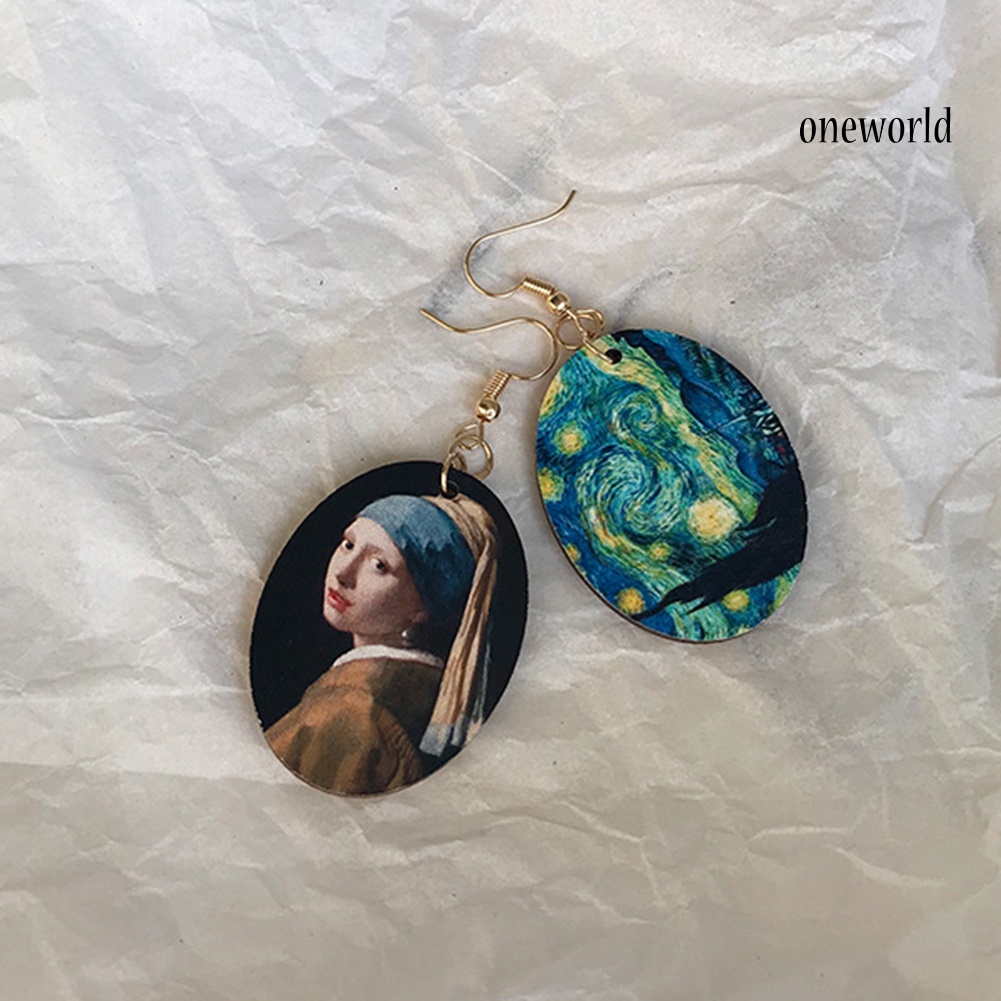 OW@ Women Oval Enamel Niche Oil Painting Asymmetrical Wooden Pendant Hook Earrings