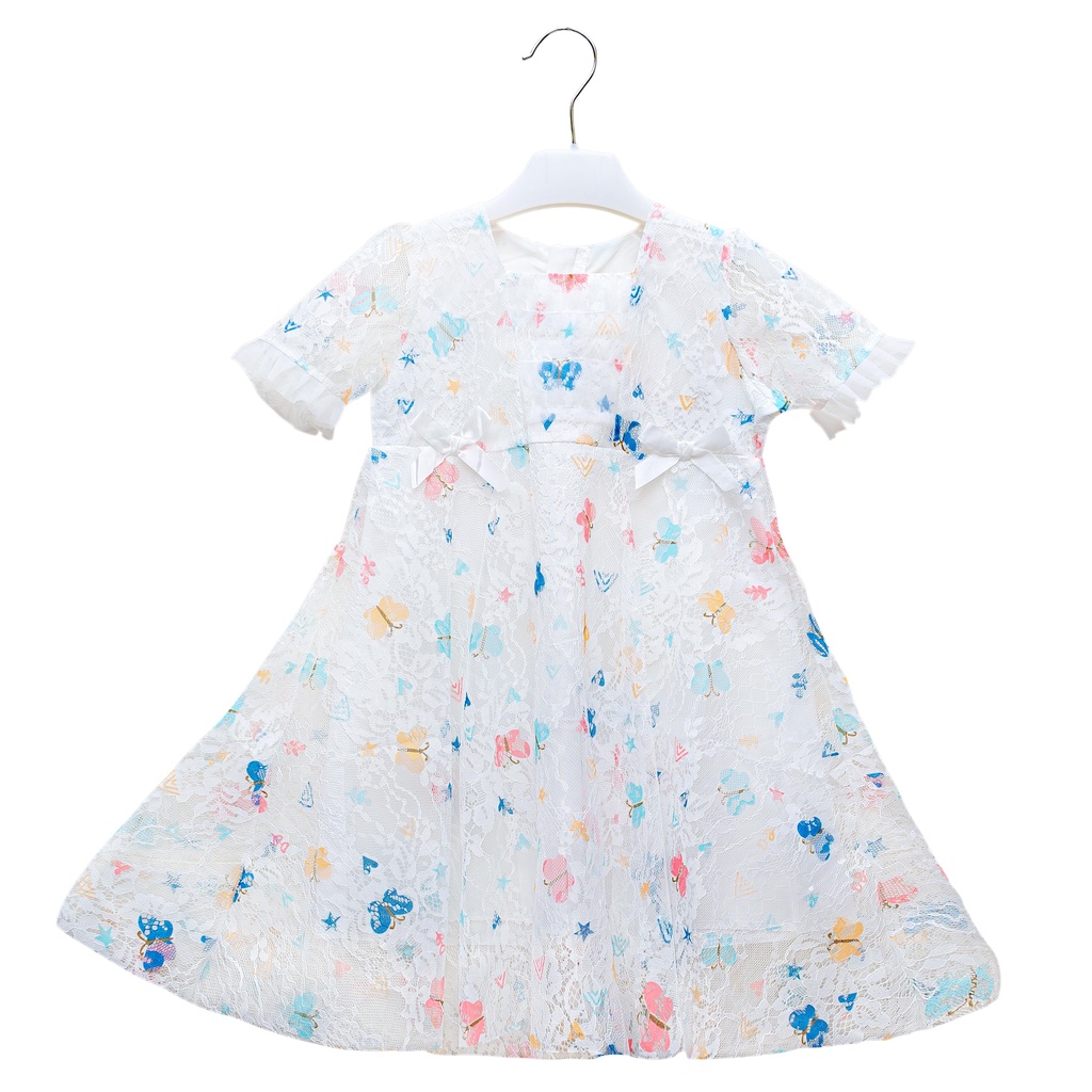 KF CAT Dress Brukat Anak Perempuan Import /Gaun Princess Pesta Lengan Pendek Ruffle Rok Panjang Renda Mewah Motif Kupu Kupu Untuk Usia 3-7 thn-Putih