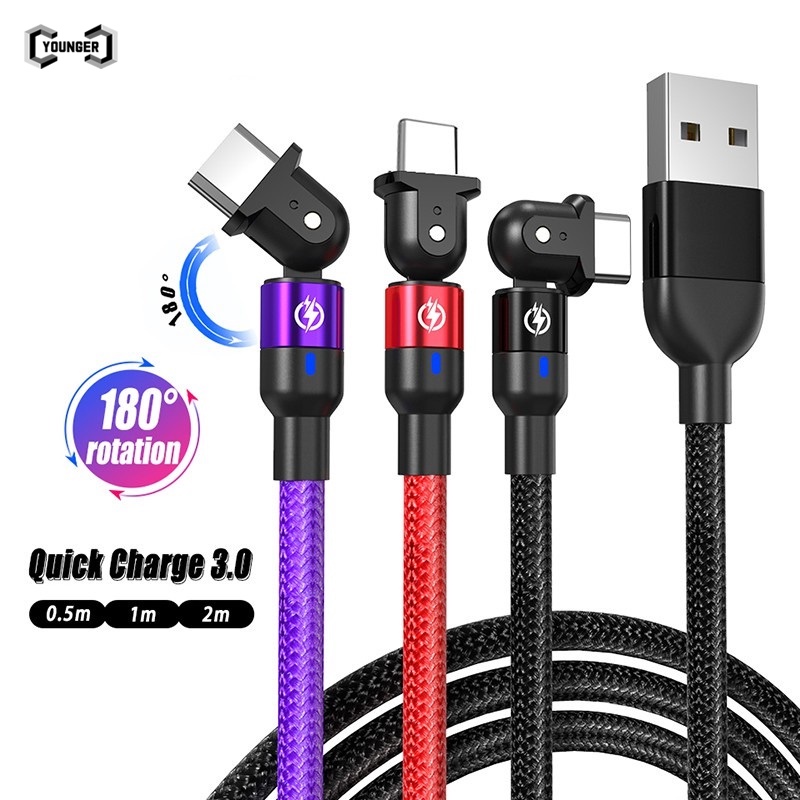 Kabel Charger Fast Charging 180 Derajat°Kabel Data / Charger Micro Usb Fast Charging Panjang 0.5 / 1m / 2m Dengan Lampu Led