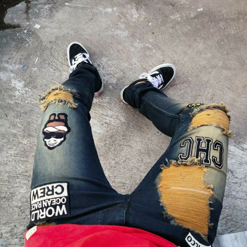 Celana Panjang Shoft Jeans Sobek Exstreme Emblem RN.seven