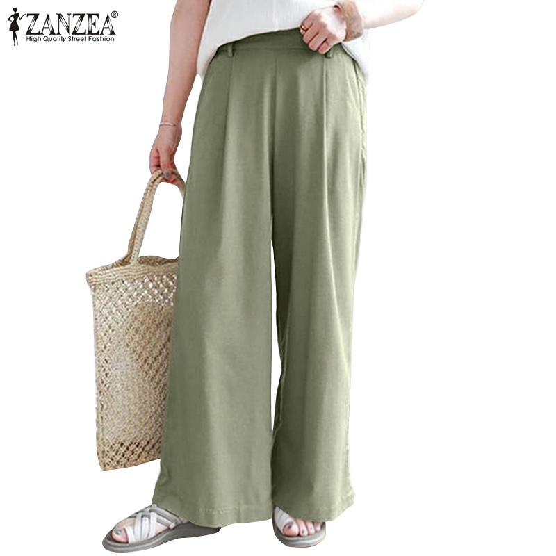 ZANZEA Women Fashion Solid Color Casual High Waist Wide Leg Long Pants