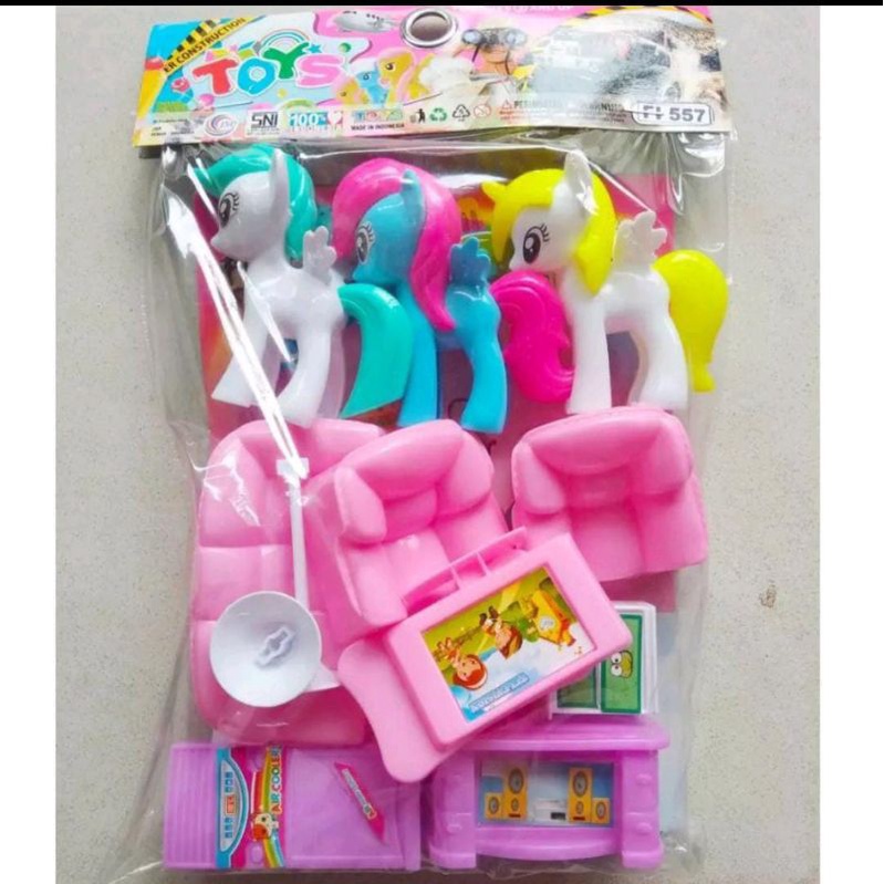 Mainan kuda poni unicorn mainan Anak perempuan set furniture sofa meja televisi