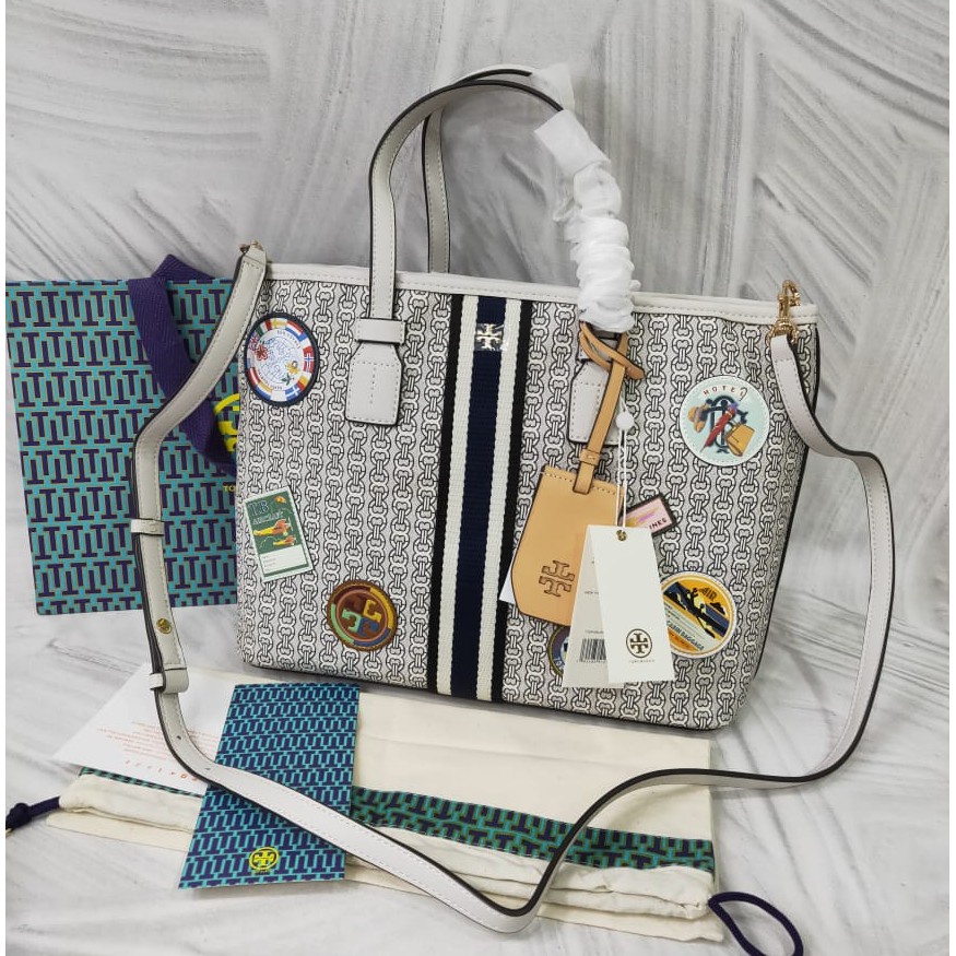 Tas Tory Burch Gemini Link Patches Small Canvas Tote New Ivory New Original