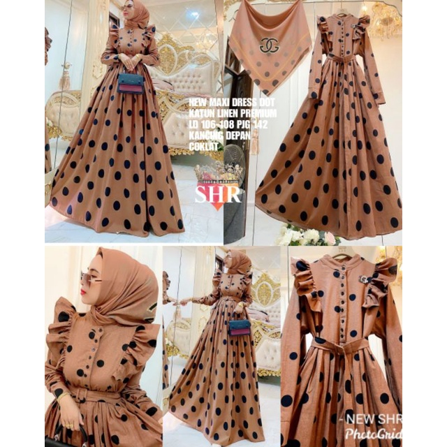 COD !! READY NEW SHR ORI 100% DRESS MAXI KATUN LINEN POLKA DOT REMPEL PREMIUM EID MUBAROK SYAHIRA EDISI LEBARAN-5