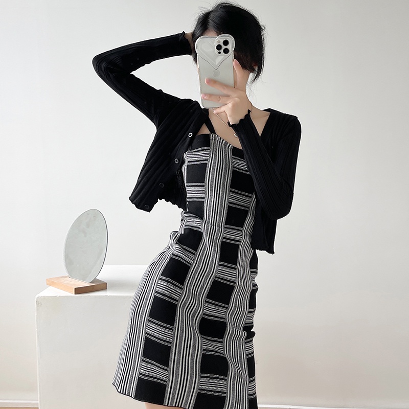 【Elegant】Korean  Checkerboard Plaid Knit Sleeveless Mini Dress 7488
